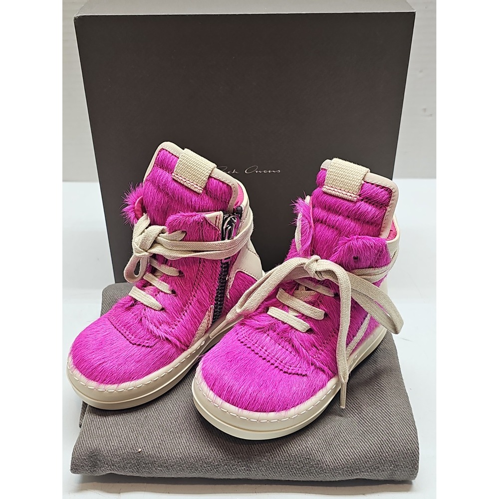 Rick Owens Baby Geobasket Pink White High Top Sneakers Pony Hair Leather Lace Up